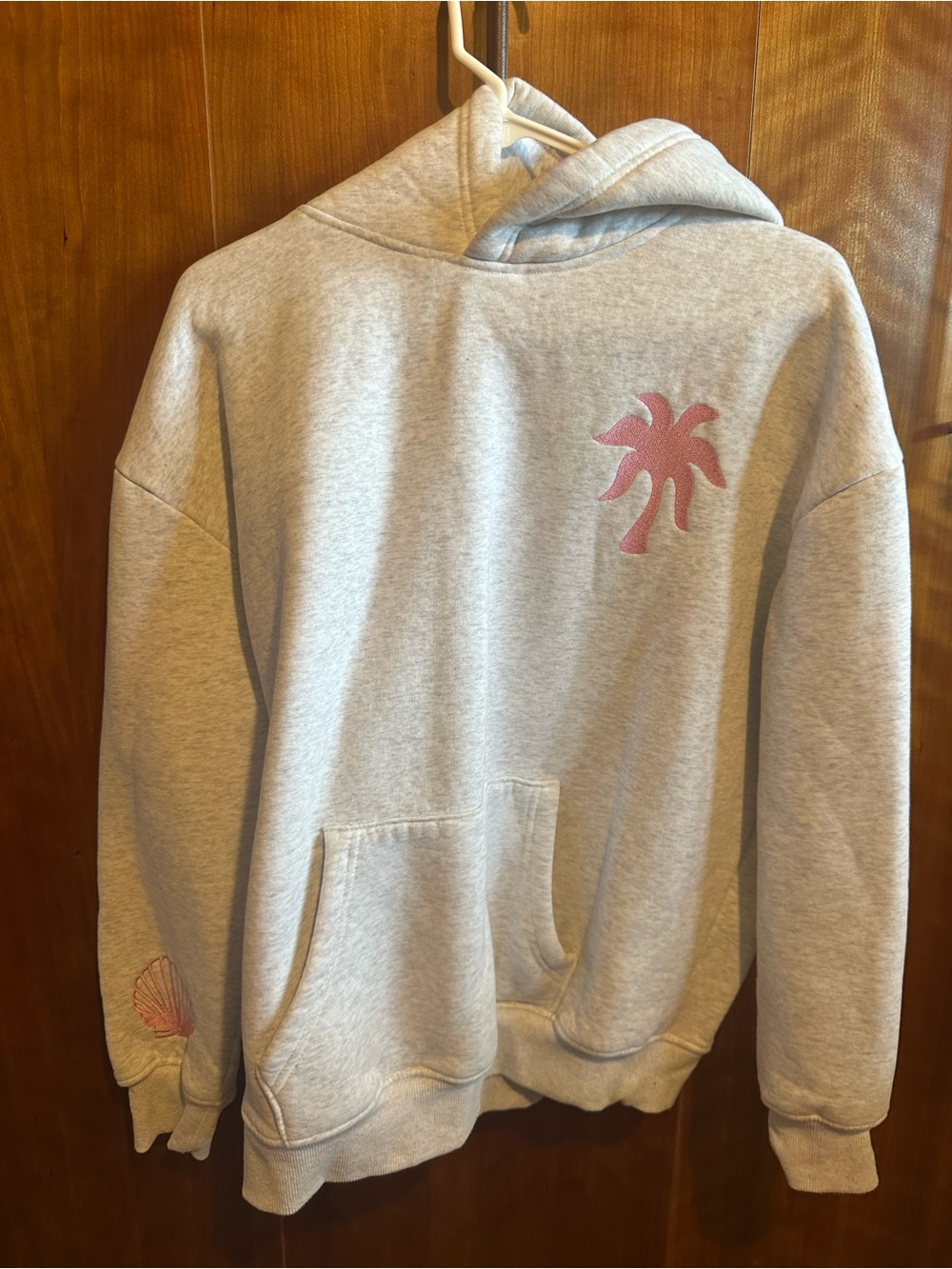 Pink Palm Puff- Light Gray Crewneck Hoodie with Pink Palm